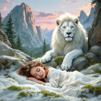 The primary subject of the image is a young girl sleeping on a bed. The setting is a mountainous landscape, with a lion standing nearby. The visual style is a digital art illustration, creating a sense of wonder and adventure. The colors and mood are predominantly warm and inviting, with the girl's sleeping position and the lion's presence adding a touch of serenity and protection to the scene.